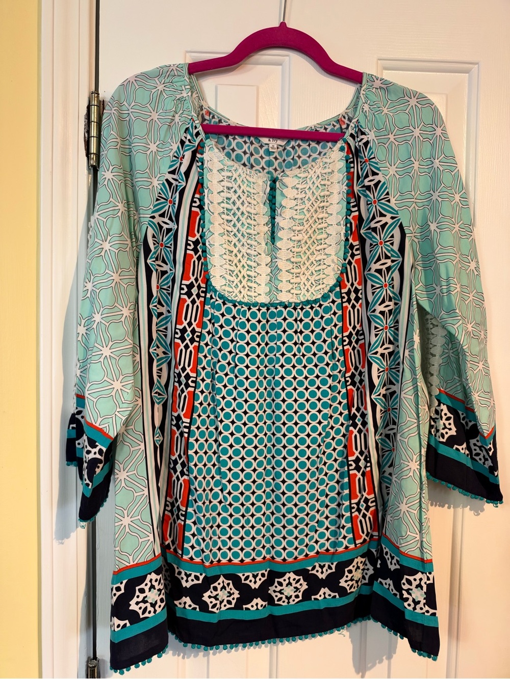 crown & ivy Teal, Cream & Navy Printed Boho Tunic Top